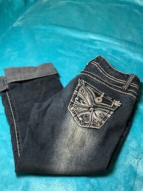 Angels Dark Blue Embellished Capri Jeans